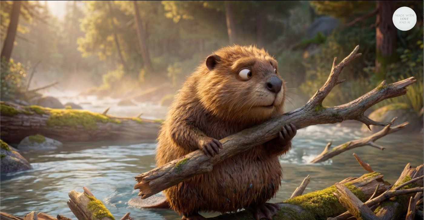 Een bever met een tak in zijn poten op een dam in een zonnige bosrivier, in warme gestileerde 3D-animatie.