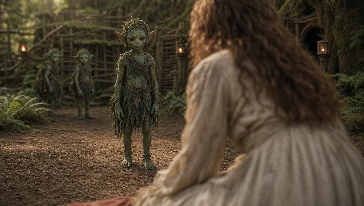 Een klein groen boswezen in bladerkleding kijkt een vrouw aan, met twee soortgenoten op de achtergrond.