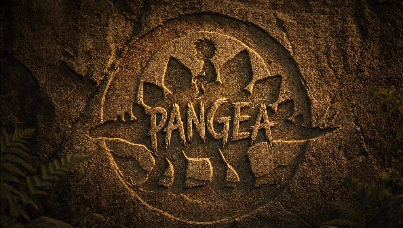 Het PANGEA-logo uitgehouwen in steen: een jongen op een Stegosaurus, omringd door varens.