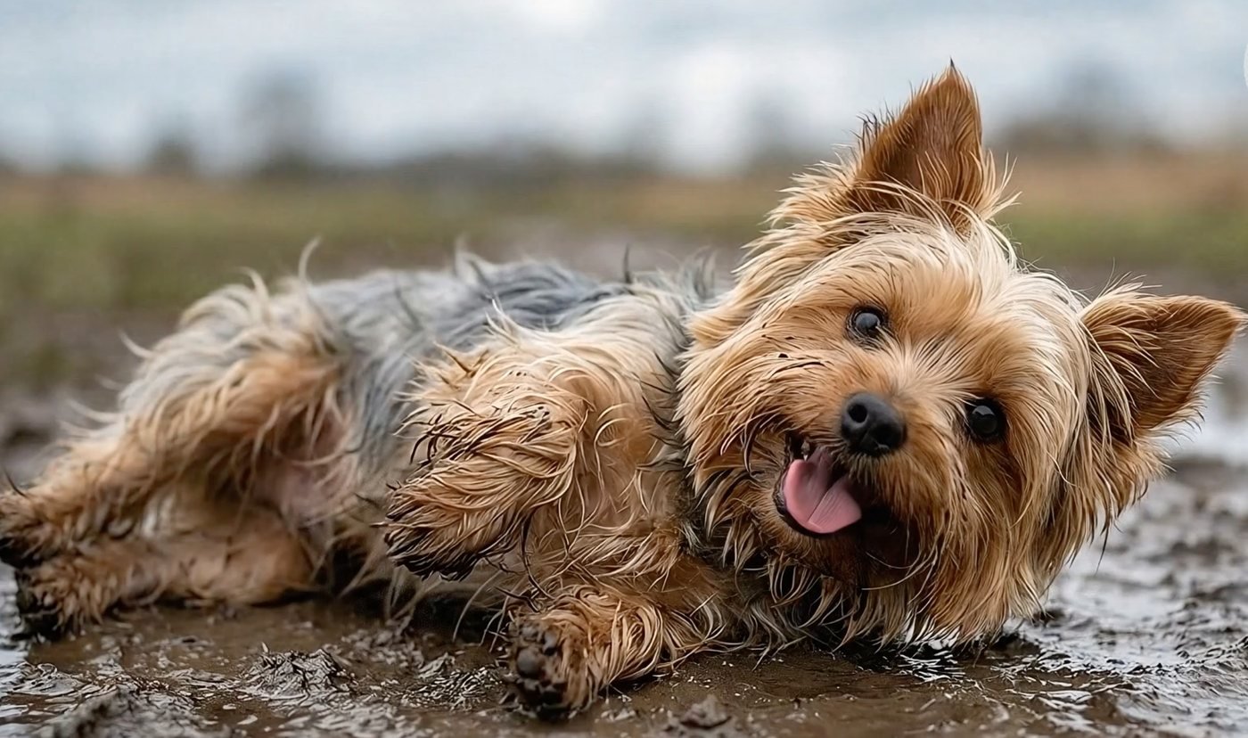Een natte Yorkshireterriër ligt tevreden in een modderplas, met zijn tong uit zijn bek.